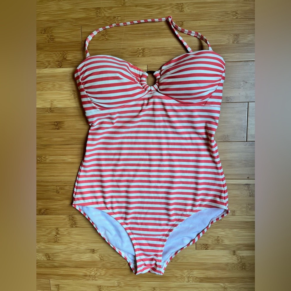 Boden Retro Striped Halter Red and White One Piece Swimsuit
